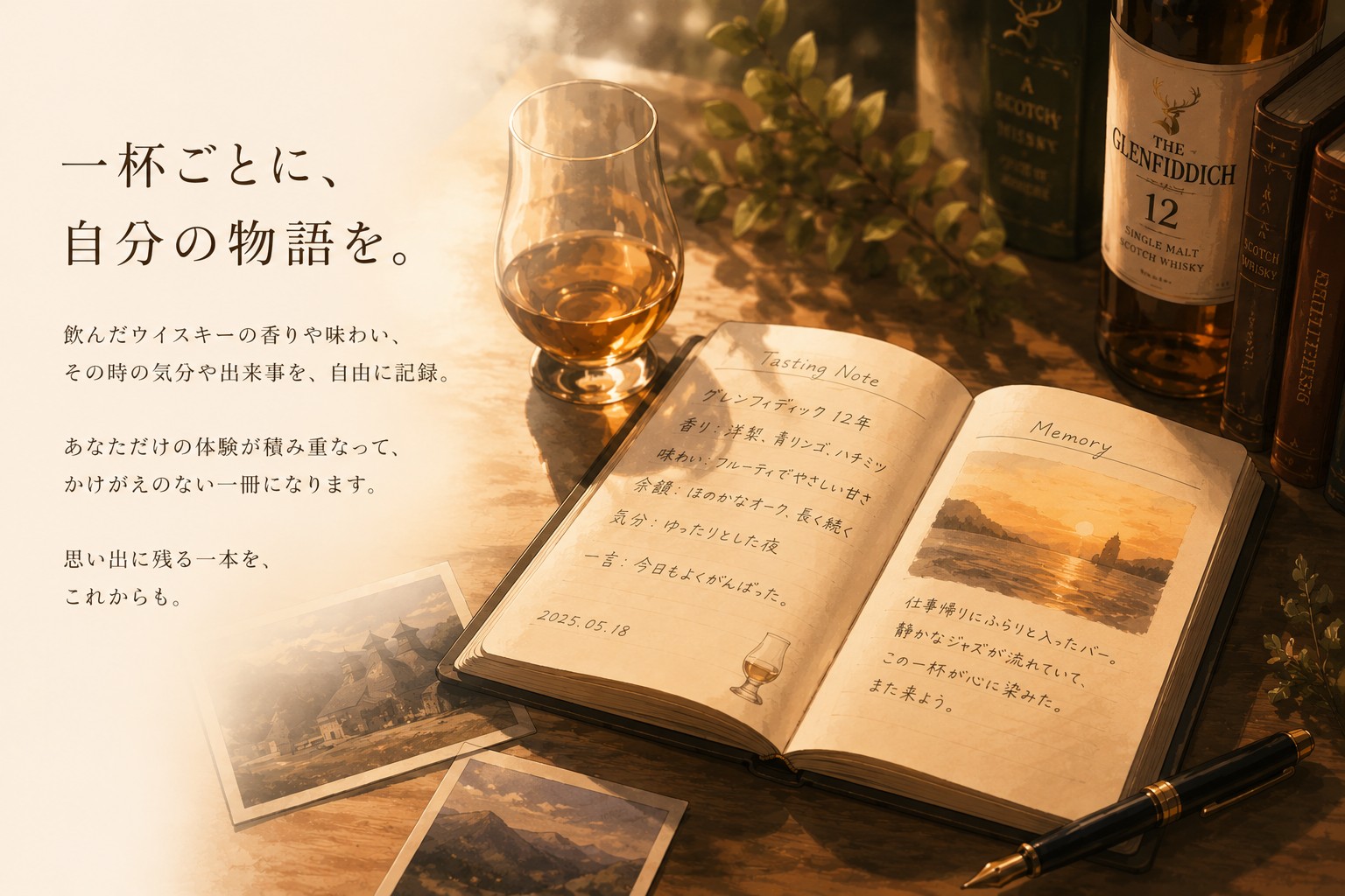 一杯ごとに、自分の物語を。飲んだウイスキーの香りや味わい、その時の気分や出来事を、自由に記録。あなただけの体験が積み重なって、かけがえのない一冊になります。思い出に残る一本を、これからも。